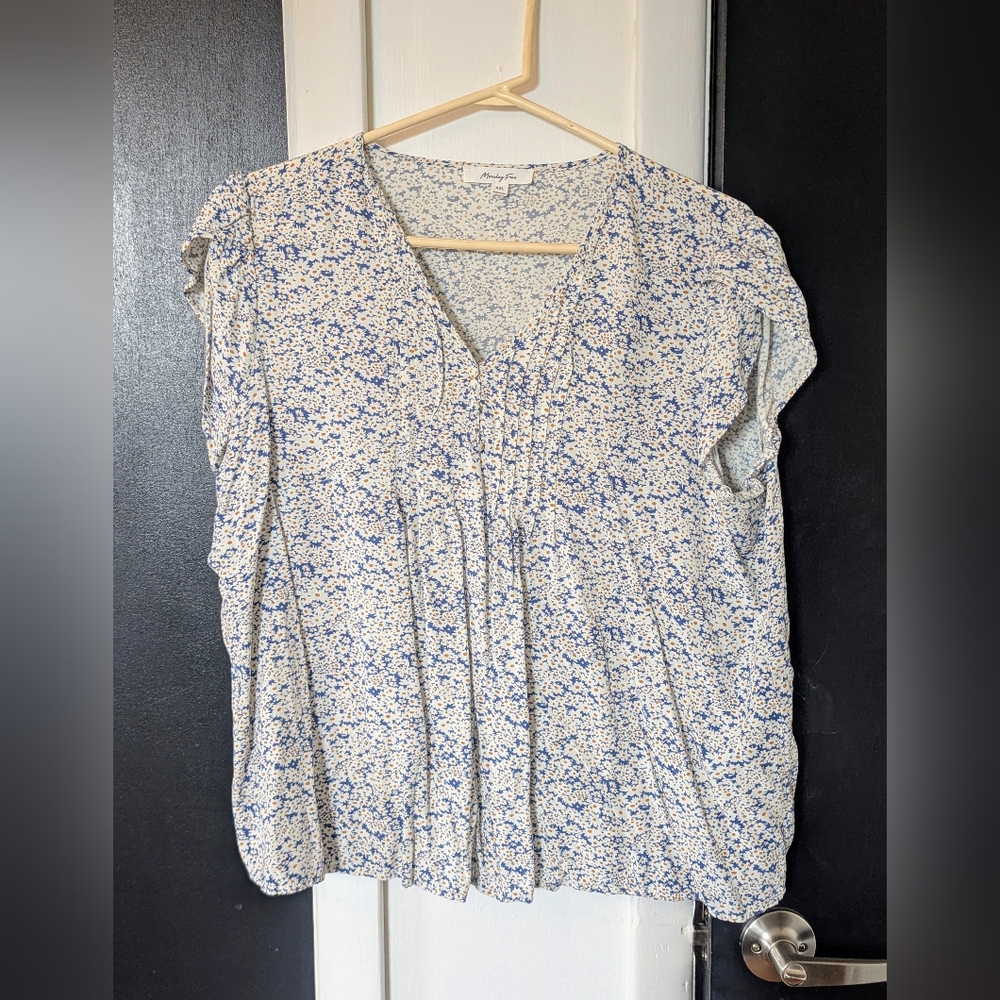 Blue and White Flutter Sleeve Blouse with Relaxed Fit and Pleated Detail